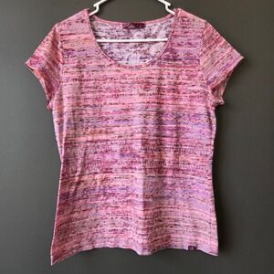 prAna Womens Pink Purple Space Dye Geometric Scoop Neck Short Sleeve Tee Large